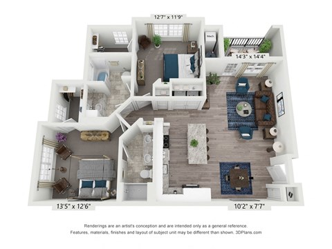 Floor plan for 2 beds, 2 baths, 1244 sqft